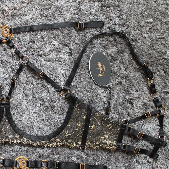 SOLD Bordelle Selene Open Ouvert Wire Bra Thong set Black Gold star embroidery - Picture 4 of 12